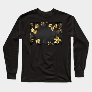 Black Background with Gold Leaves Long Sleeve T-Shirt